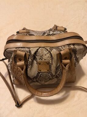 STS Ranchwear Taupe Snake-Embossed Satchel with Tan Trim